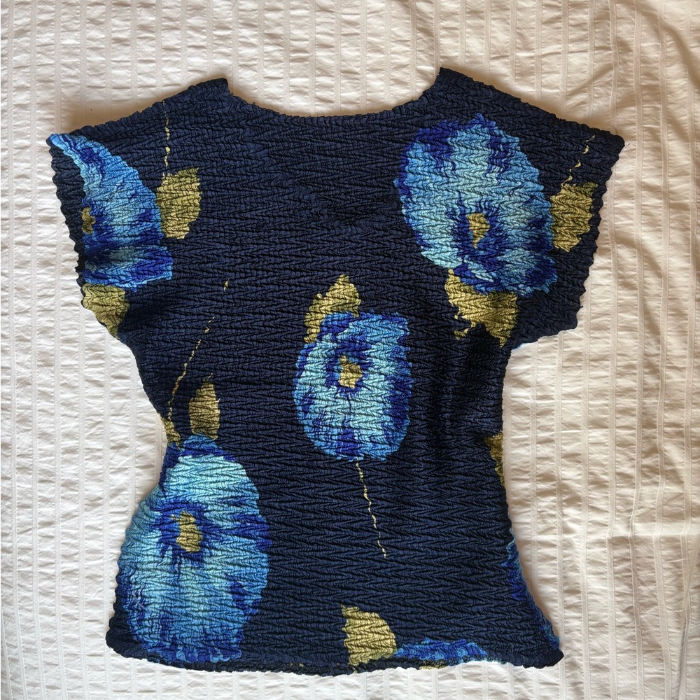 Navy Blue Floral Smocked Top with Aqua Blooms
